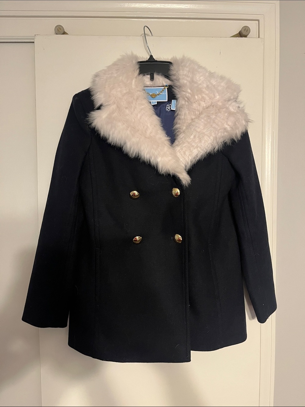 Draper James Black Double-Breasted Pea Coat with Light Pink Faux Fur Collar